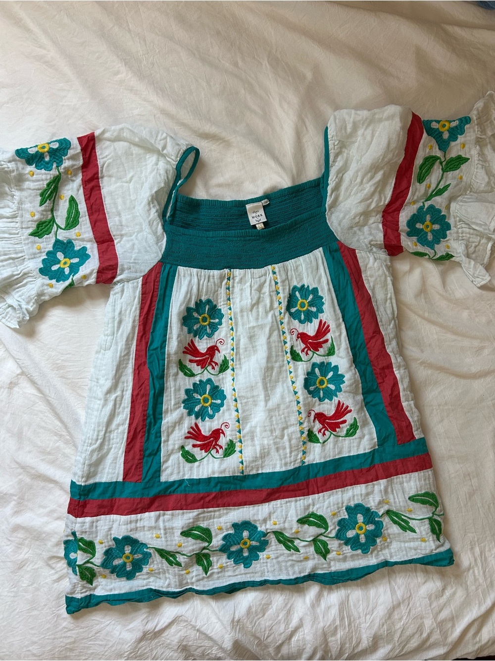 White Embroidered Peasant Blouse with Teal and Red Accents